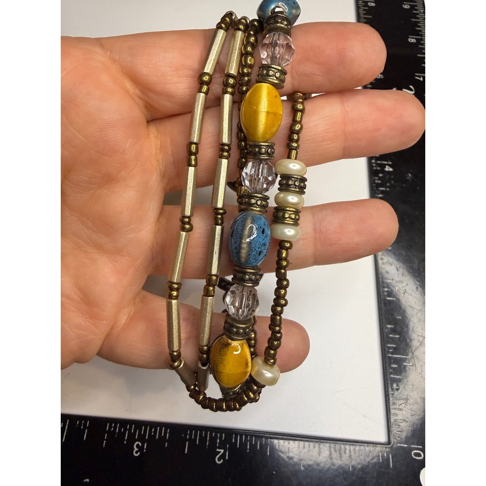 Boho Multi Strand Bead Bracelet Antique Bronze Tone Blue Yellow Toggle Clasp 8in